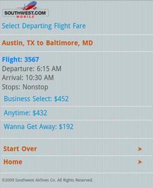 Search results for departing flights on the Southwest mobile Web site